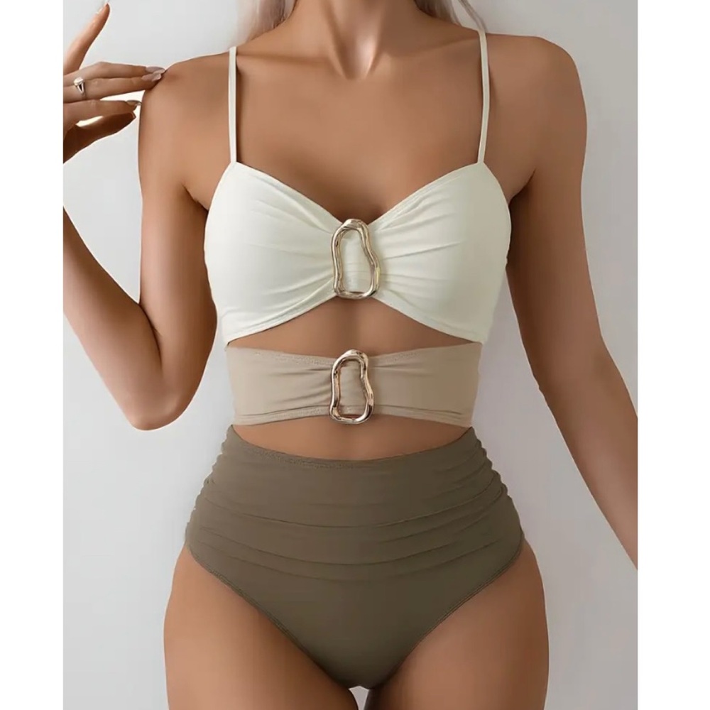 Elegant Monochromatic Monokini with Gold Accents